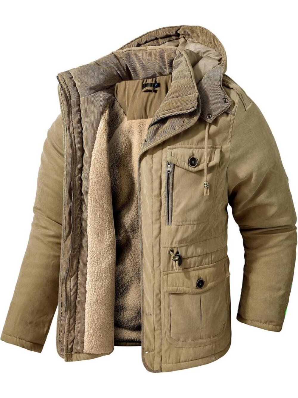 Men's Winter Hooded Jacket, Windproof Sherpa Fleece Coat, Warm Parka Outerwear
